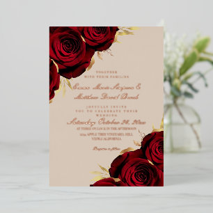 Rose Gold Foil Sand & Red Floral Wedding Invitation