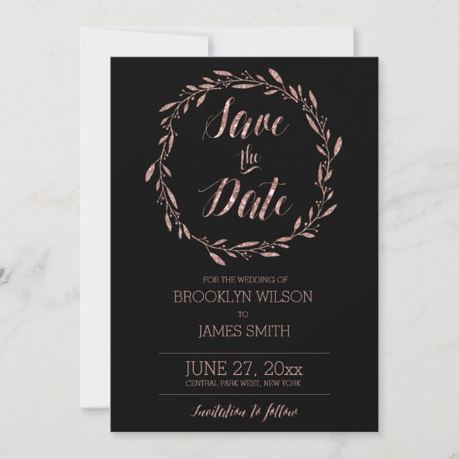 Rose Gold Foil Save The Date Cards Wreath Black (Front)