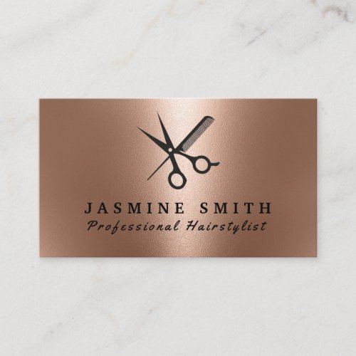 Rose Gold Foil Scissors And Comb Logo Hairstylist Business Card