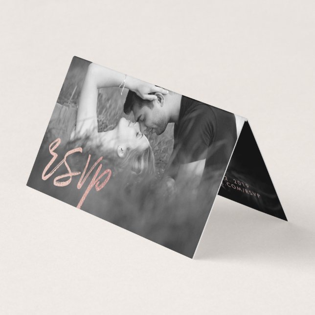 Rose Gold Foil Script Double Photo RSVP Card (Front)