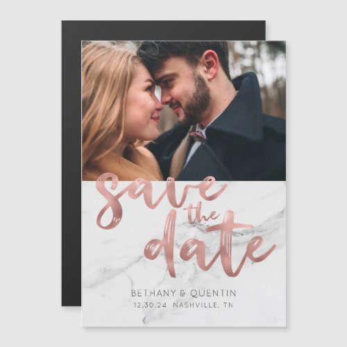 Rose Gold Foil Script Marble Save the Date Photo Magnetic Invitation