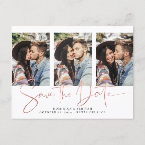 Rose Gold Foil Script Mulitple Photo Save the Date Announcement Postcard