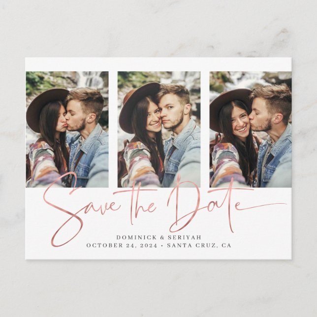 Rose Gold Foil Script Mulitple Photo Save the Date Announcement Postcard (Front)