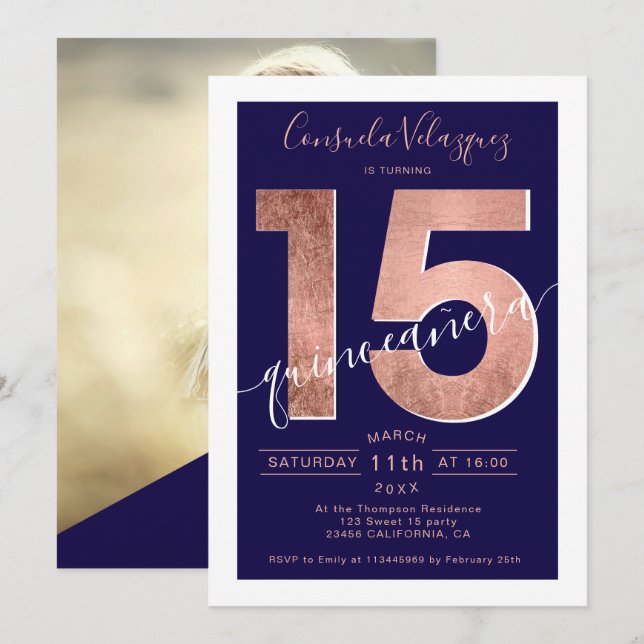Rose gold foil script navy blue quinceanera photo invitation (Front/Back)