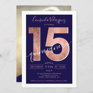 Rose gold foil script navy blue quinceanera photo invitation