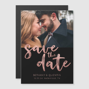 Rose Gold Foil Script on Black Save the Date Photo Magnetic Invitation