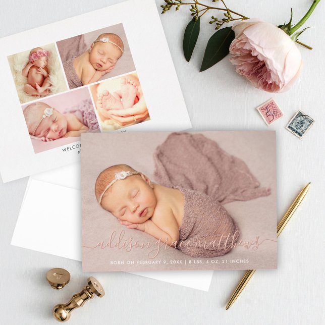 Rose Gold Foil Script Photo Collage Birth Announce Invitation (Creator Uploaded)