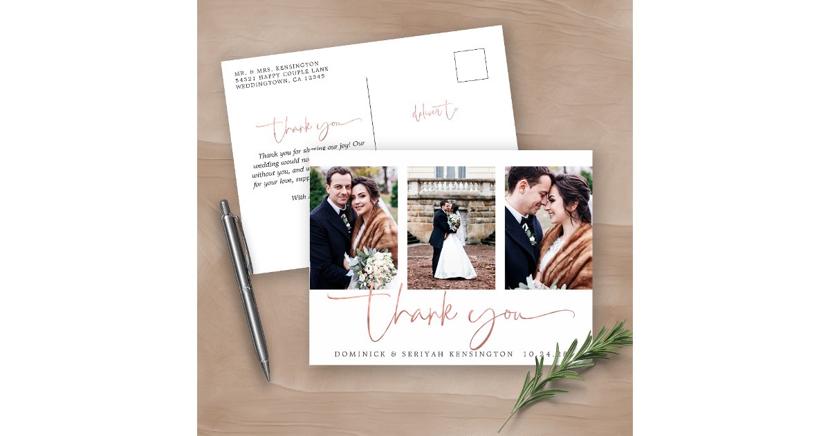 Rose Gold Foil Script Photo Wedding Thank You Postcard | Zazzle
