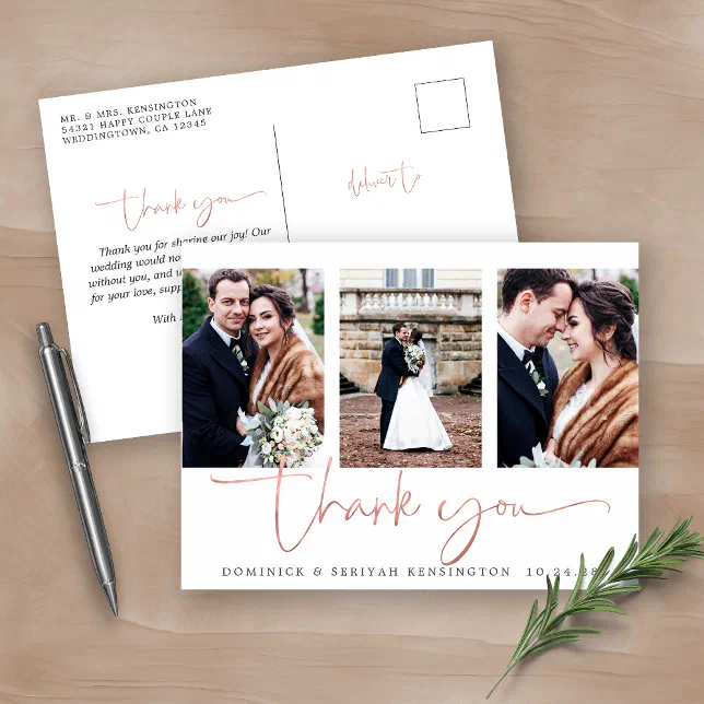 Rose Gold Foil Script Photo Wedding Thank You Postcard | Zazzle