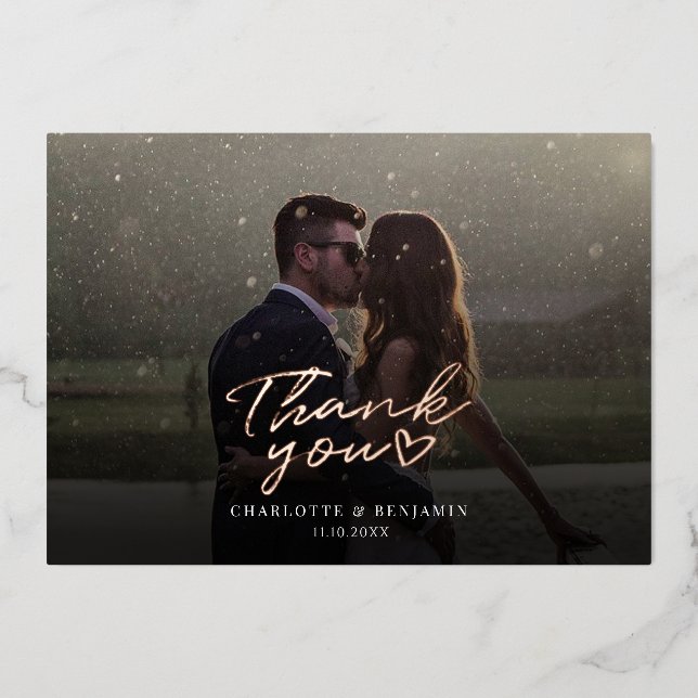 Rose Gold Foil Script Wedding Photo Thank You Card (Front)