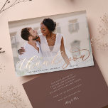 Rose Gold Foil Script Wedding Photo Thank You Card<br><div class="desc">Elegant wedding thank you cards feature a single full bleed horizontal or landscape oriented wedding photo,  with "Thank You" overlaid in chic rose gold foil calligraphy script. Personalize with your names and wedding date along the bottom in classic block lettering. Add a personal message and signature to the back.</div>