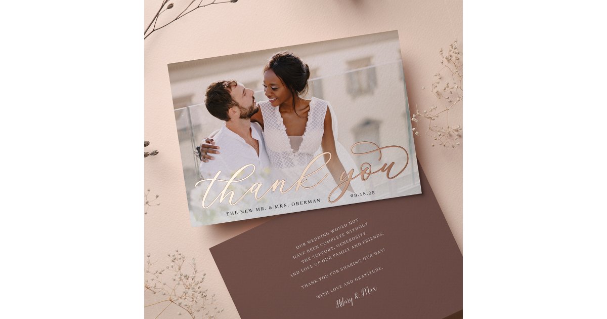 Rose Gold Foil Script Wedding Photo Thank You Card | Zazzle