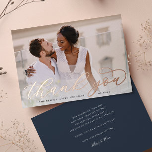 Rose Gold Foil Script Wedding Photo Thank You Card