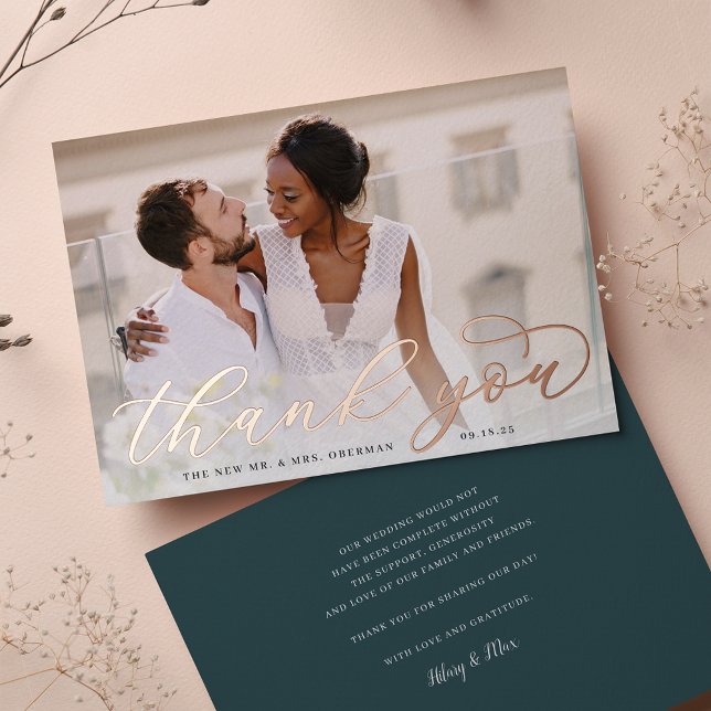 Rose Gold Foil Script Wedding Photo Thank You Card (Creator Uploaded)