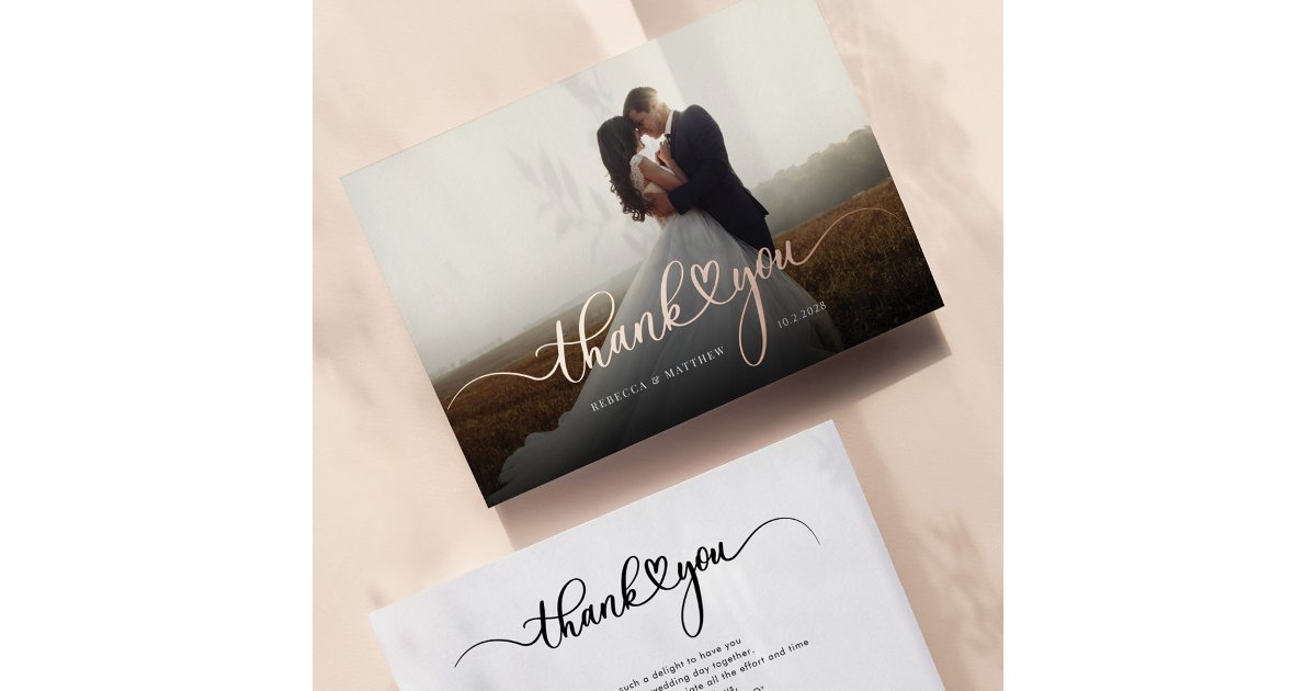 Rose Gold Foil Script Wedding Photo Thank You Card | Zazzle