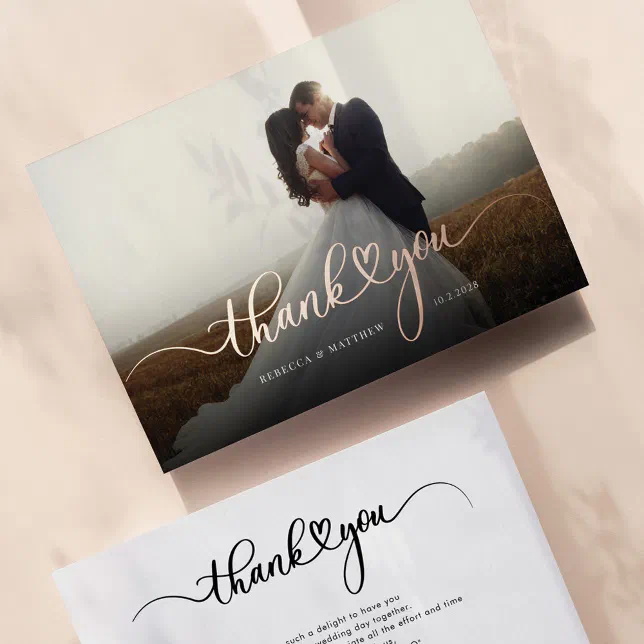 Rose Gold Foil Script Wedding Photo Thank You Card | Zazzle