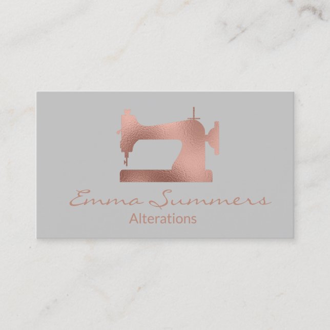 Rose Gold Foil Sewing Machine Alterations Business Card (Front)