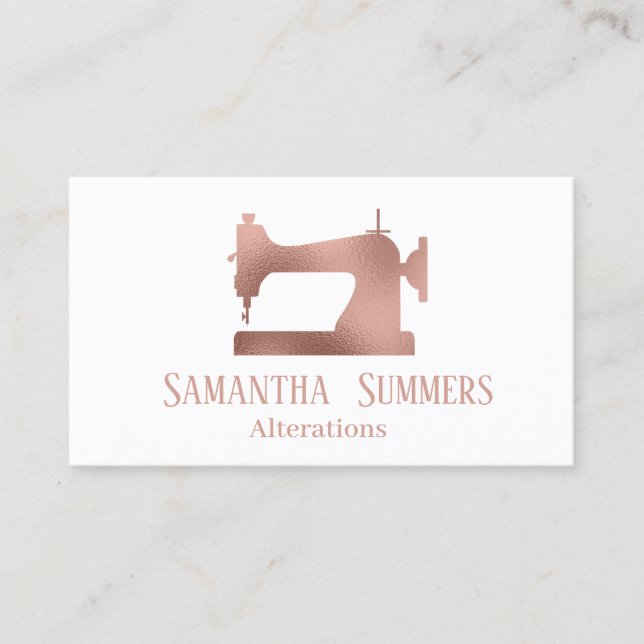 Rose Gold Foil Sewing Machine Alterations Tailor Business Card (Front)