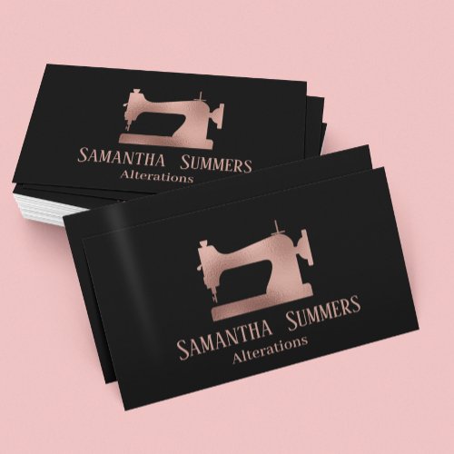 Rose Gold Foil Sewing Machine Alterations Tailor Business Card