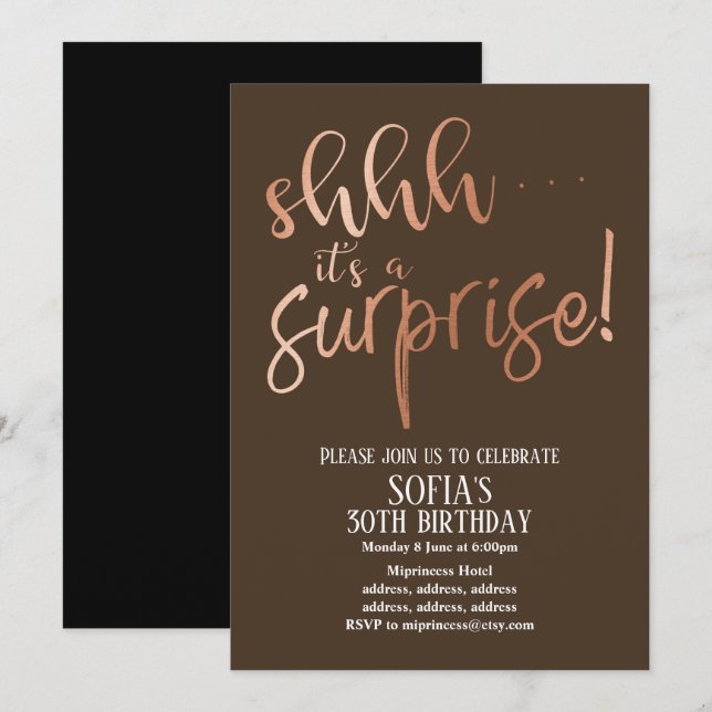 Rose Gold Foil , shhh it's a Surprise party Invitation (Front/Back)