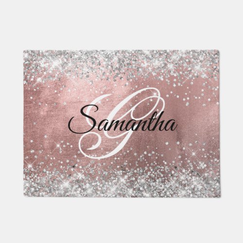 Rose Gold Foil Silver Glitter Fancy Monogram Doormat