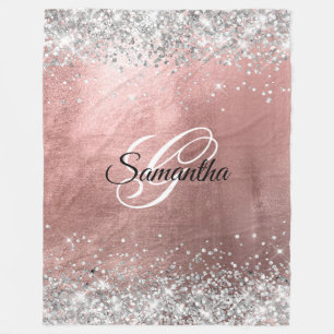 Rose Gold Foil Silver Glitter Fancy Monogrammed Fleece Blanket