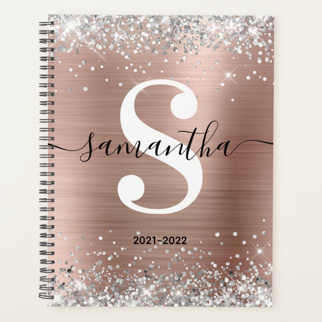 Rose Gold Foil Silver Glitter Style Monogram Planner (Front)