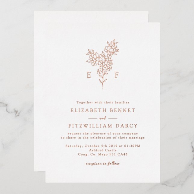 Rose Gold Foil Simple Cherry Blossom Monogram  Invitation (Front/Back)