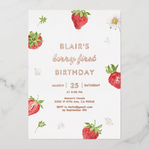 Rose Gold Foil Strawberry Berry First Birthday  Invitation