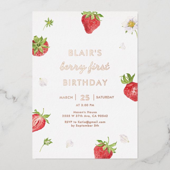 Rose Gold Foil Strawberry Berry First Birthday  Invitation (Front)