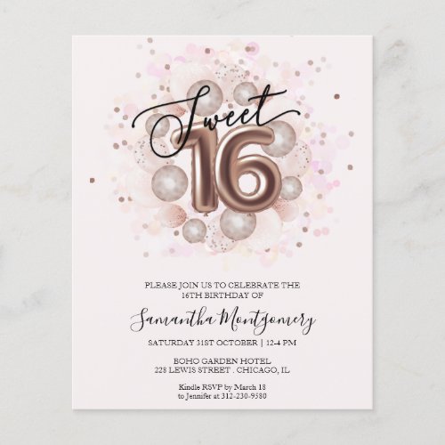 Rose Gold Foil Sweet 16 Balloons Budget Invitation