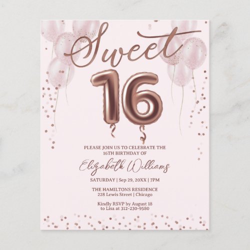 Rose Gold Foil Sweet 16 Balloons Budget Invitation