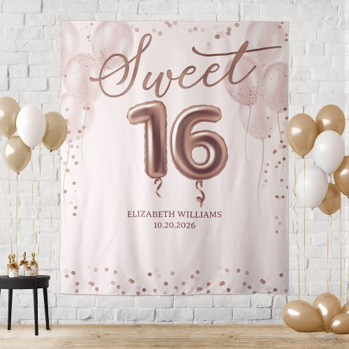 Rose Gold Foil Sweet 16 Balloons Pink Backdrop