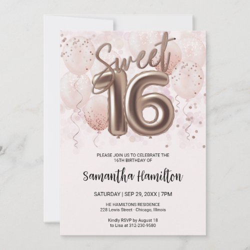 Rose Gold Foil Sweet 16 Bday Balloons Party Pink Invitation