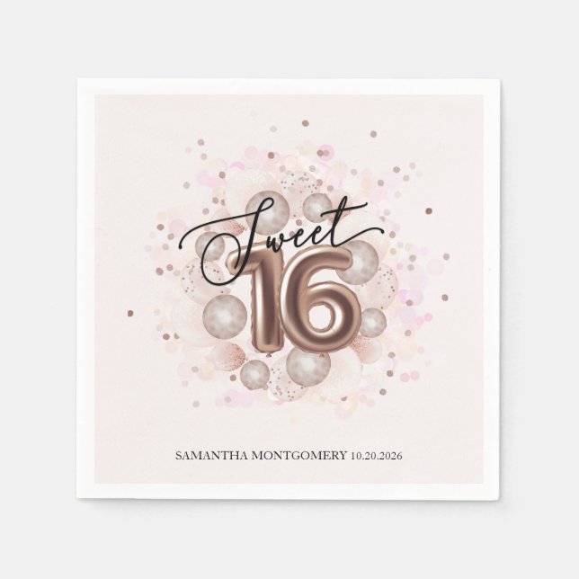 Rose Gold Foil Sweet 16 Bday Balloons Party Pink Napkins (Front)