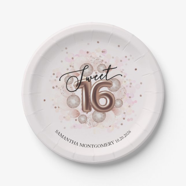 Rose Gold Foil Sweet 16 Bday Balloons Party Pink Paper Plates (Front)