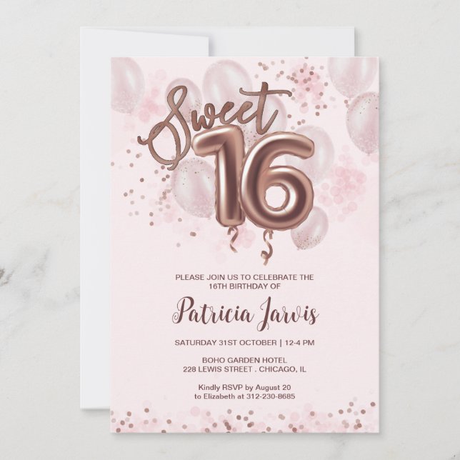 Rose Gold Foil Sweet 16 Bday Balloons Party Rose Invitation (Front)