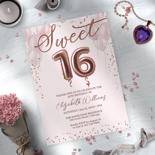 Rose Gold Foil Sweet 16 Birthday Balloons Pink Invitation
