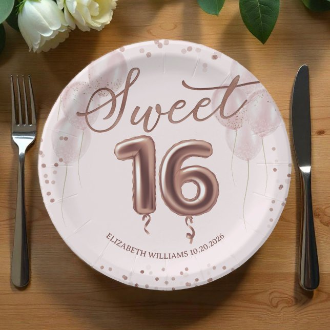 Rose Gold Foil Sweet 16 Birthday Balloons Pink Paper Plates (Creator Uploaded)