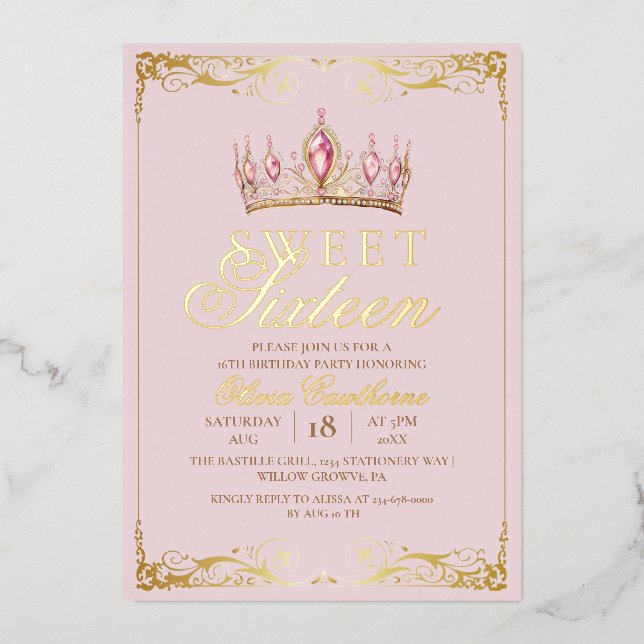  Rose Gold Foil Sweet 16 Elegant Birthday Foil Invitation (Front)