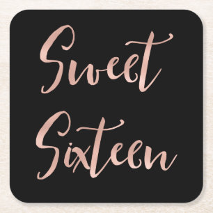 Rose Gold Foil Sweet 16 Sixteen Birthday Square Paper Coaster