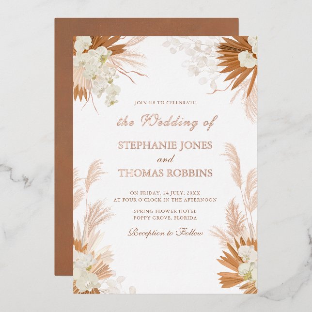 Rose Gold Foil Terracotta Pampas Grass Orchid  Invitation (Front/Back)