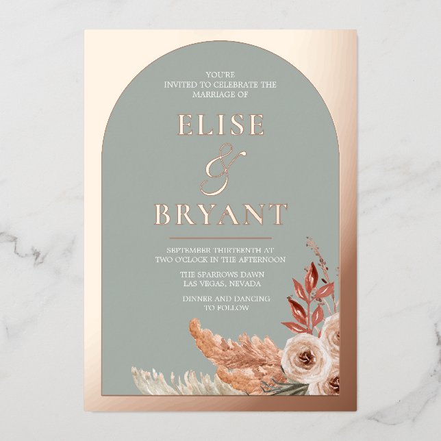 Rose Gold Foil Text Arch Boho Floral Wedding Invitation (Front)