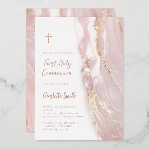 rose gold foil text  First Communion Foil Invitation
