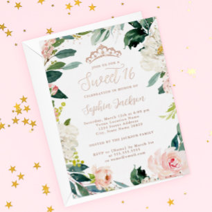 ROSE GOLD FOIL Tiara Pink Floral Sweet 16  Invitation