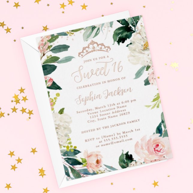 ROSE GOLD FOIL Tiara Pink Floral Sweet 16  Invitation (Creator Uploaded)