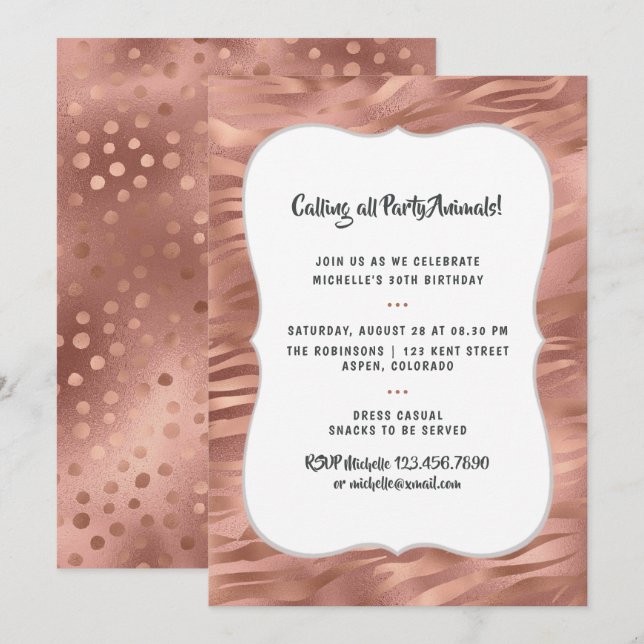 Rose Gold Foil Tiger Stripes Any Age Birthday Invitation (Front/Back)
