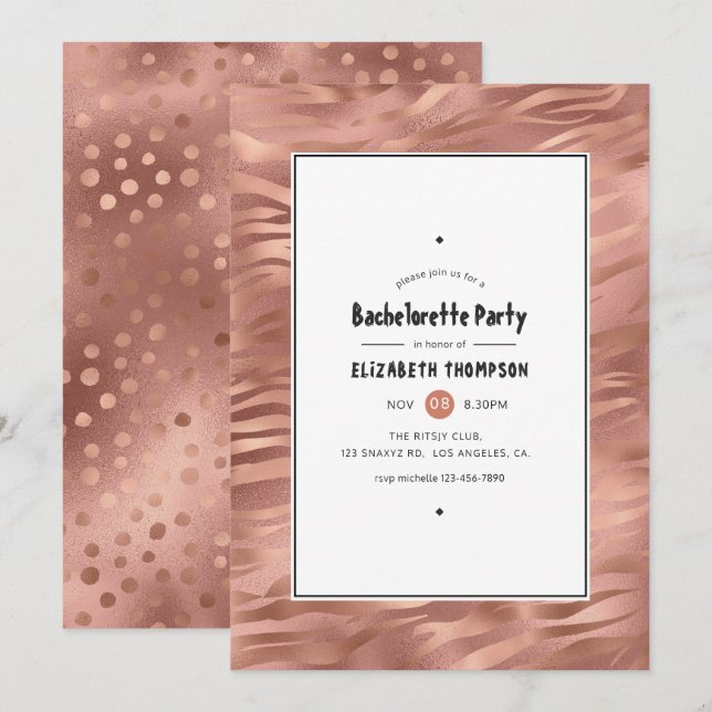 Rose Gold Foil Tiger Stripes Bachelorette Party Invitation (Front/Back)