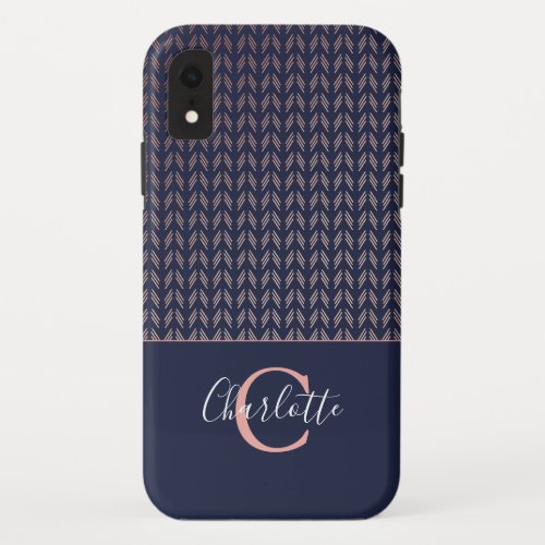 Rose Gold Foil Tribal Boho Navy Blue Monogram iPhone XR Case