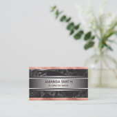 Rose Gold Foil Trim | Black Marble Silver Metallic Business Card (Standing Front)